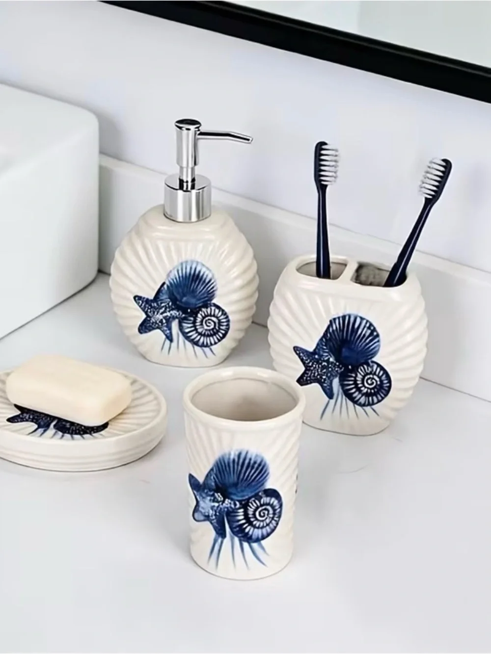 🆕 Ceramic Navy Shell 4-Piece Bath Accessory Set